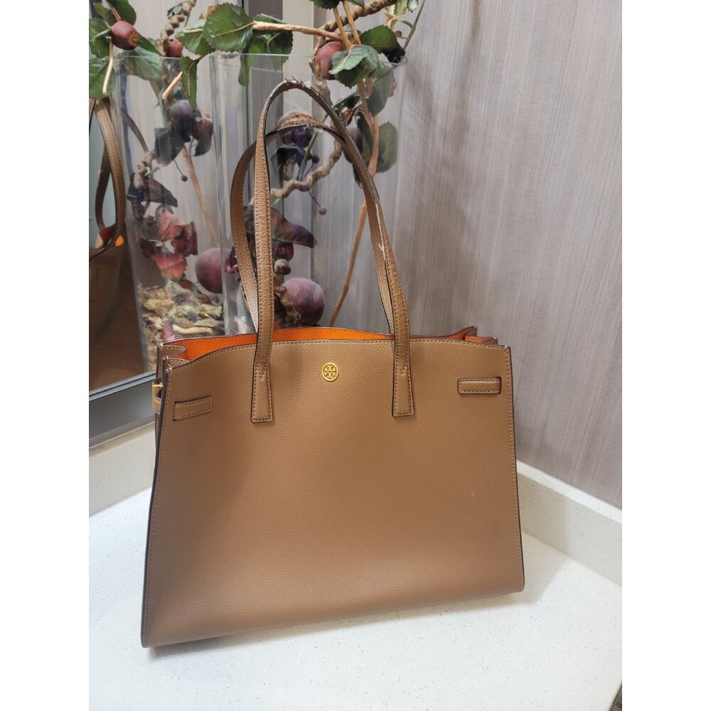 Tory Burch Walker Satchel Leather Tote Bag A4 Brown Used Authentic - Picture 1 of 10